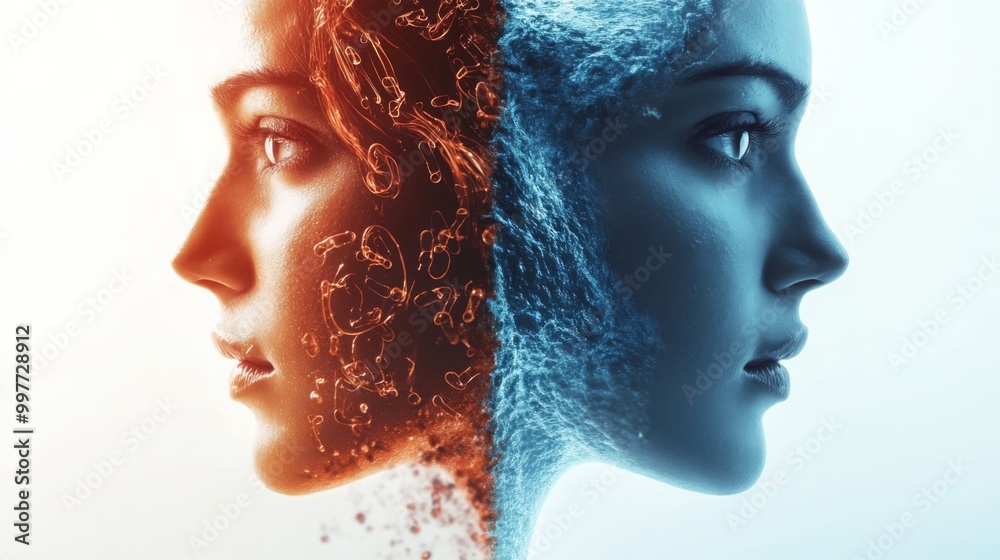 Poster this artwork showcases a profile view of two contrasting faces, one representing warmth and emotion,