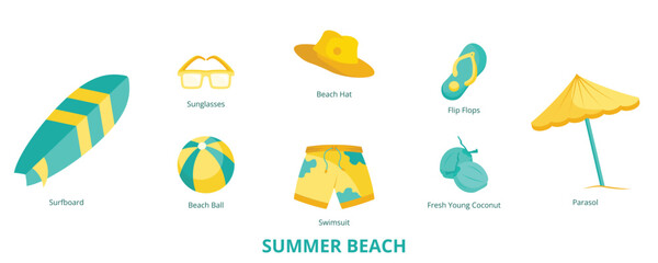 Summer Beach Flat Banner Web Icon Set Vector Illustration, Sunglasses Beach Ball Flipflops Surfboard Swimsuit Parasol Beach Hat Fresh Coconut