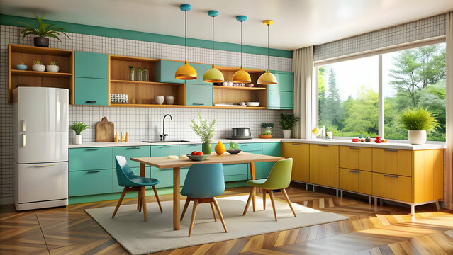 Mid-century modern kitchen featuring pops of color and unique furniture pieces, mid-century modern, kitchen, pops of color