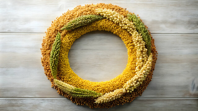 Wreath made of various millets for Year of the Millets celebration, millets, wreath, celebration, grains, decoration