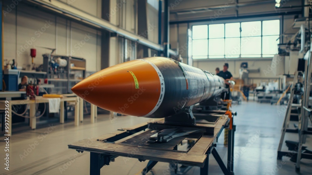 Poster a missile is being assembled in a well-equipped workshop. skilled workers focus on precision and saf