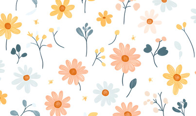 2D illustrator doodle-style floral and leaf graphics on a white background or wallpaper
