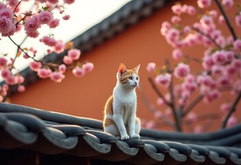 Soft Focus Serenity: A Feline Friend in a Blossoming Chinese Garden