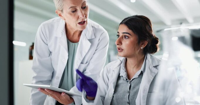 Team, scientist and women with tablet for research, development or chemistry with lab assistant. Medical, science and collaboration on computer for exam, discussion or study biotechnology with mentor