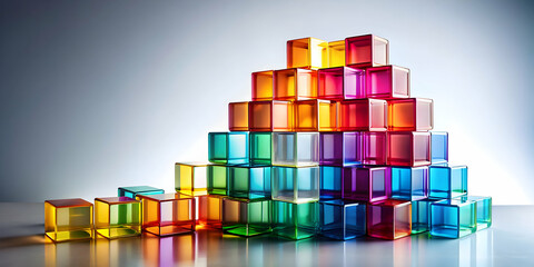 Obraz premium Colorful stack of translucent cubes with light effects creating abstract composition on white surface