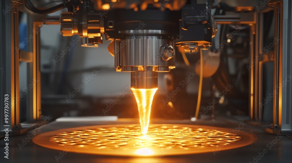 Poster A highly specialized 3D printer operates with precision, as molten material flows from its nozzle, forming detailed patterns on a round platform in a cutting-edge manufacturing environment.