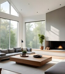 A minimalist living room with a wooden bench, potted plants, and natural lighting from a window.