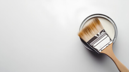 top view lay flat paint brush laying on paint can with 