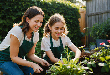 Una madre junto a su hija estan haciendo jardineria en un jard&iacute;n