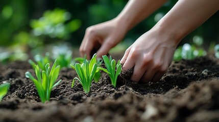 Close-up of hands brushing away soil from young bulbs just planted in soft earth, the garden bathed in warm, natural light, vibrant green shoots peeking through the soil, representing care and growth.