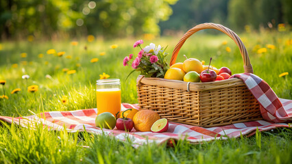 A picnic basket filled with fresh fruits and juice on a floral blanket in a grassy field, picnic, basket, fruits, juice