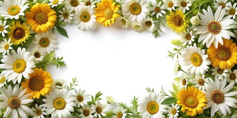 Obraz premium Sunflower and Daisy Botanical Frame on White - Serene Floral Border for Invitations, Web Design, and More