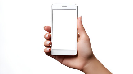 woman hand holding a white screen smart phone on white background 