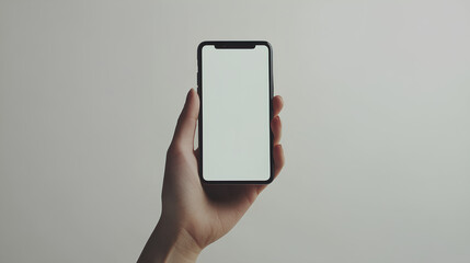 woman hand holding a white screen smart phone on white background 