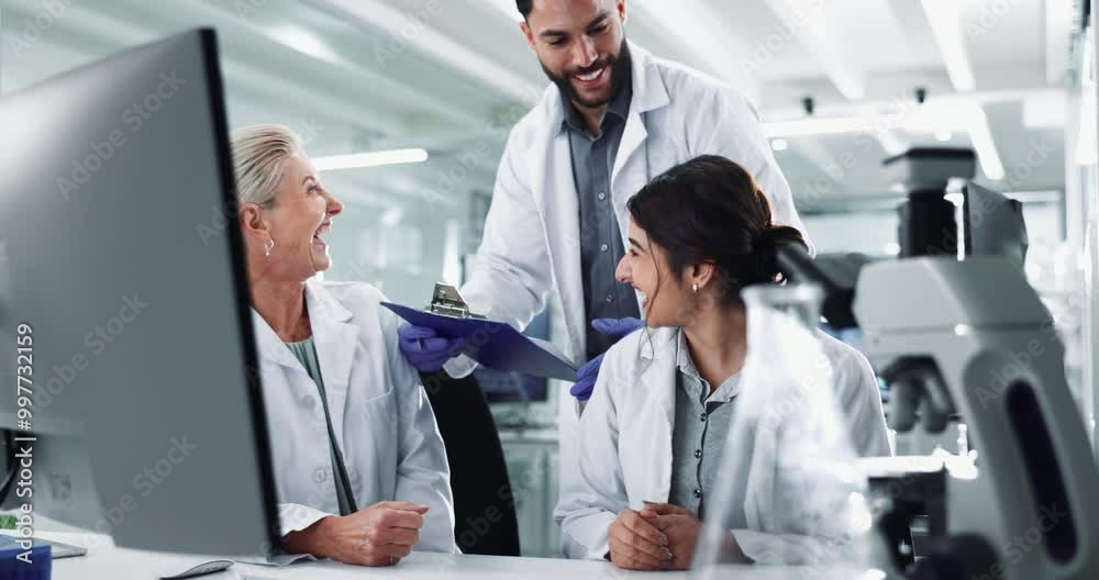 Poster clipboard, computer and success with science people in lab for breakthrough, report or research. des