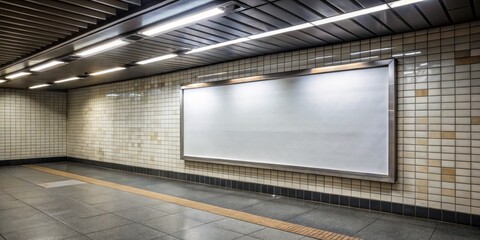 Fototapeta premium Urban Advertisement Space in Tiled Passageway - Modern, Minimalist Blank Canvas for Promotional Content in Clean Underground Corridor Setting with Fluorescent Lighting, Realistic
