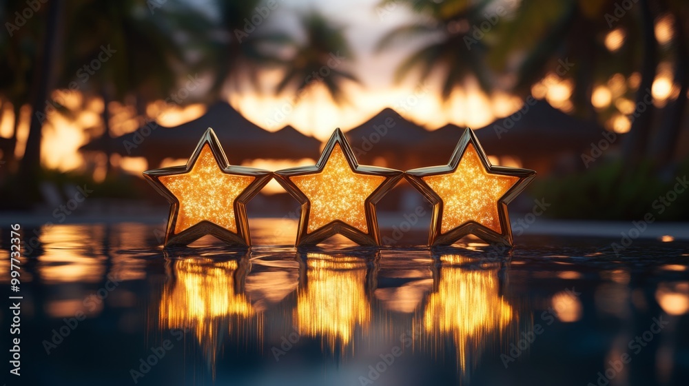 Poster three decorative golden stars float on the surface of a tranquil pool as the sun sets, casting warm 