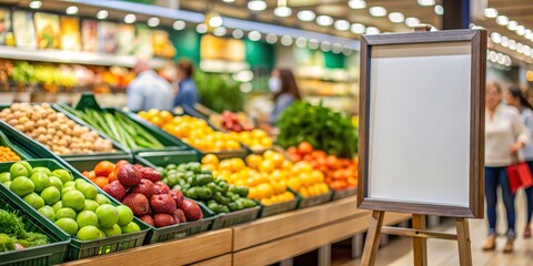 Vibrant Grocery Store Aisle with Blank Signboard on Wooden Easel, Fresh Produce Display, Market Atmosphere - Advertising Concept for Marketing Campaigns