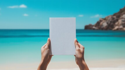 A tranquil beach scene where hands hold a pristine white book against a backdrop of crystal-clear waters and a bright blue sky, inspiring thoughts of relaxation and imagination.