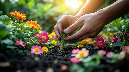 Close-up of hands gripping a stubborn weed in a blooming flower bed, bright flowers and lush greenery surrounding, with sunlight casting warm rays on the soil, a sense of careful garden maintenance.