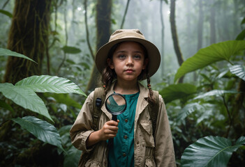 Una ni&ntilde;a exploradora esta en la selva con una lupa en la mano