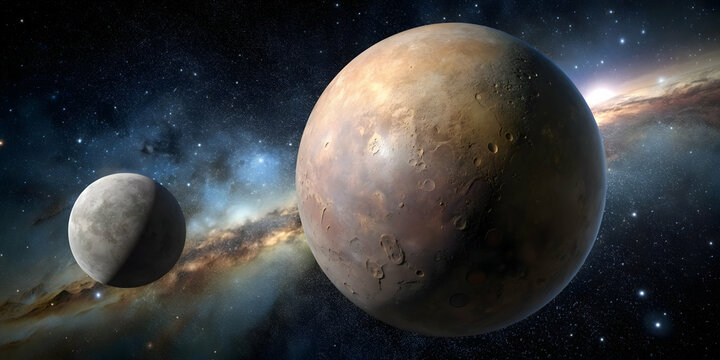 Artist's impression of the dwarf planet Makemake and its satellite Mk2 in the Kuiper belt, space
