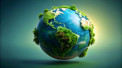 Conceptual image of a planet earth covered in green vegetation symbolizing ecology, green energy, and sustainability, planet