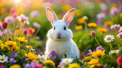 Obraz premium Adorable white rabbit sitting in a field of colorful flowers, cute, fluffy, bunny, pet, animal, adorable, spring