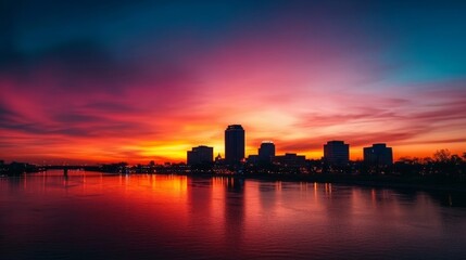 Fototapeta premium A captivating image showcasing a vibrant sunset casting a warm glow on a city skyline with a reflecting river. The colors of the sky are a mesmerizing blend of orange, pink, and purple, with the city'