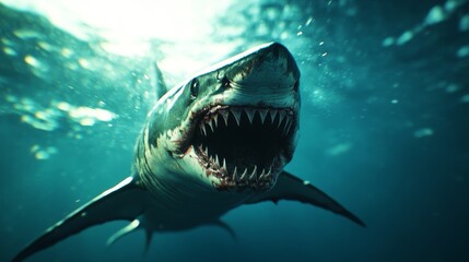 Fototapeta premium A close-up of a fierce shark's rugged face, showing its sharp teeth, powerful jaws, and predatory instincts. It represents the primal nature, danger, and beauty of the ocean's apex predator.