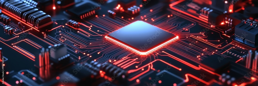 Poster a close-up view of a circuit board with glowing red lines and a central processor. this image repres