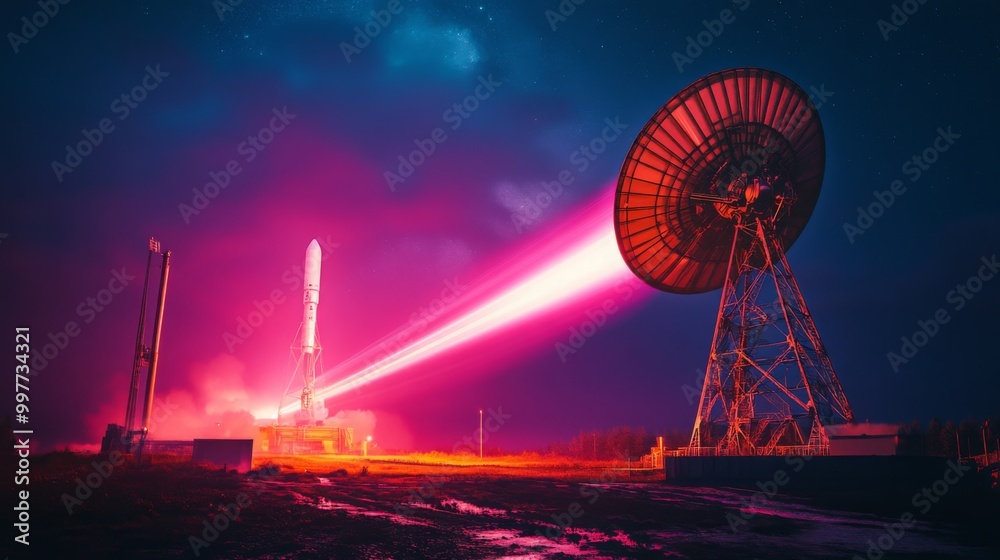Poster a rocket is launching from a space facility, surrounded by a dramatic light display casting vibrant 