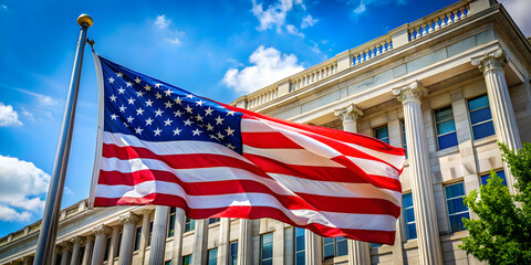 Fototapeta premium Flag waving in the wind outside a government building , flag, wind, patriotism, national symbol, freedom, fluttering