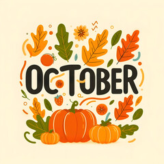 October month Logo Concept with Leaves and Pumpkins. Happy October Month Background for Graphic Resources Flat Vector Design