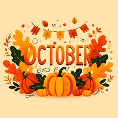 October month Logo Concept with Leaves and Pumpkins. Happy October Month Background for Graphic Resources Flat Vector Design
