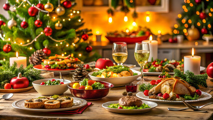 Fototapeta premium Christmas themed dinner table with a variety of delicious dishes, Christmas, dinner, table, holiday, festive, food