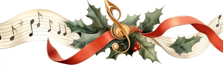 A festive illustration of musical notes, a treble clef, holly leaves, and a red ribbon, symbolizing the joy and celebration of music during the holidays.