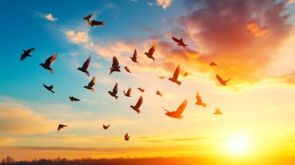 Fototapeta premium A flock of birds flying in the sky at sunset, symbolizing freedom, hope, peace, journey, and new beginnings.