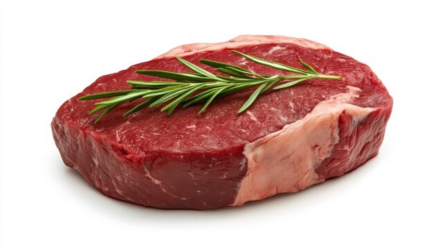 A fresh topside beef steak, ready for grilling, with a sprig of rosemary on top, representing  flavor, quality, freshness, preparation, and enjoyment.