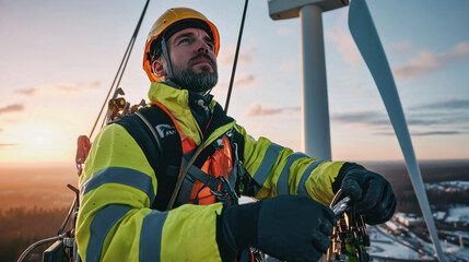 A confident worker in safety gear manages a wind turbine, showcasing renewable energy practices and industrial safety.