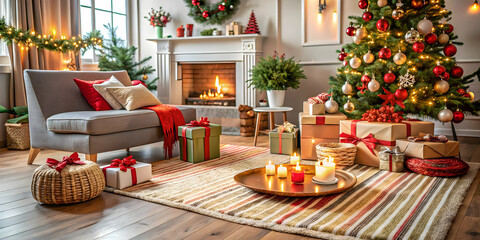 Festive holiday mat surrounded by decorations and gifts in a cozy living room setting, holiday, mat, decorations