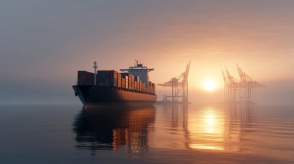 A large container ship leaves the port at sunrise, symbolizing global trade, international shipping, logistics, economic growth, and industry.