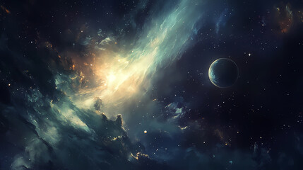 Abstract deep space odyssey wallpaper featuring a vast expanse of space, with a distant galaxy and a distant planet visible in the distance. Space Odyssey. Illustration