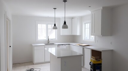 A modern kitchen space being prepped for custom cabinets installation, featuring white walls, sleek pendant lights, and an open layout, showcasing the process of creating a stylish and functional kitc