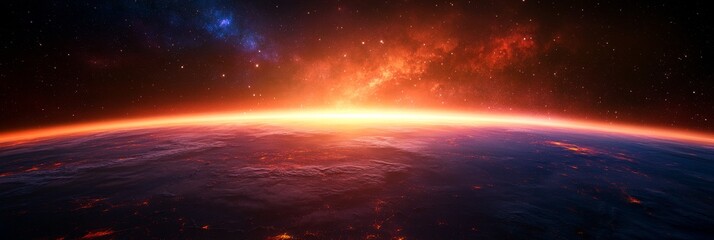 A modern space habitat with a stunning cosmic view. This image captures the beauty and wonder of space exploration, with the Earth's horizon in the foreground and a vibrant nebula in the background.