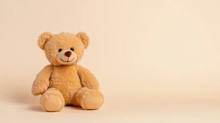Obraz premium A soft-focus shot of a cuddly brown teddy bear sitting on a beige background. The teddy bear is a symbol of childhood, innocence, and love.