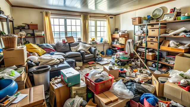 Dirty apartment of a hoarder full of old trash, hoarder, clutter, mess, disorganized, filthy, garbage, junk, chaos, debris