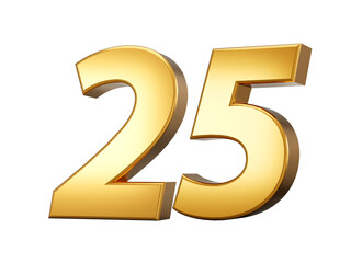 Fototapeta premium Golden metallic Number 25 Twenty five, White background 3d illustration 