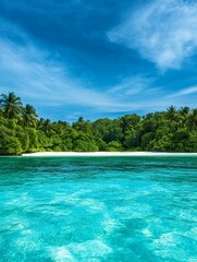 Fototapeta premium A tranquil turquoise lagoon with crystal clear water, surrounded by lush green tropical foliage and a white sandy beach, under a bright blue sky with fluffy clouds.