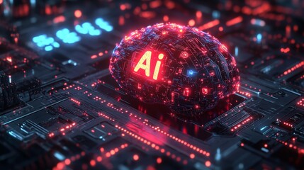 Futuristic AI brain concept with glowing red circuits on a motherboard Generative AI